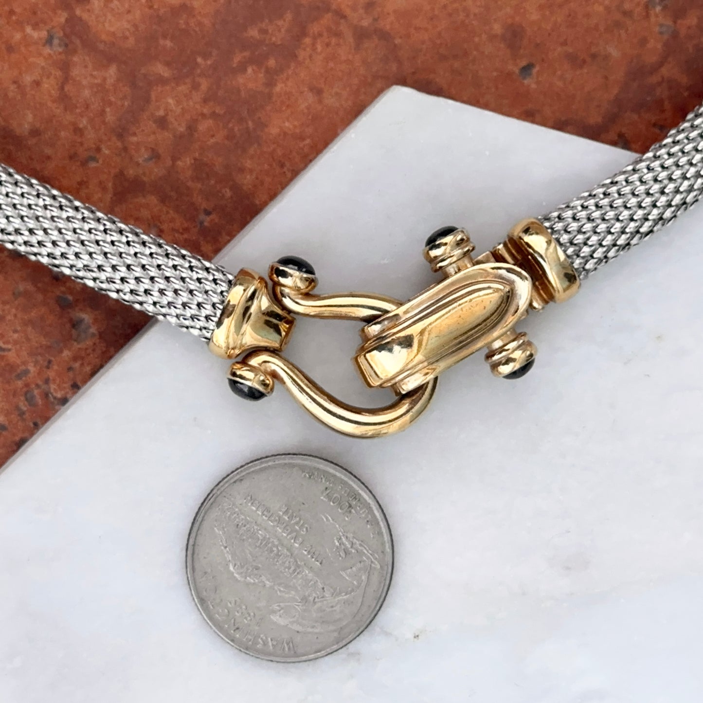 Estate 14KT Yellow Plated + Sterling Silver Weave Chain Horse Bit Onyx Caps Necklace