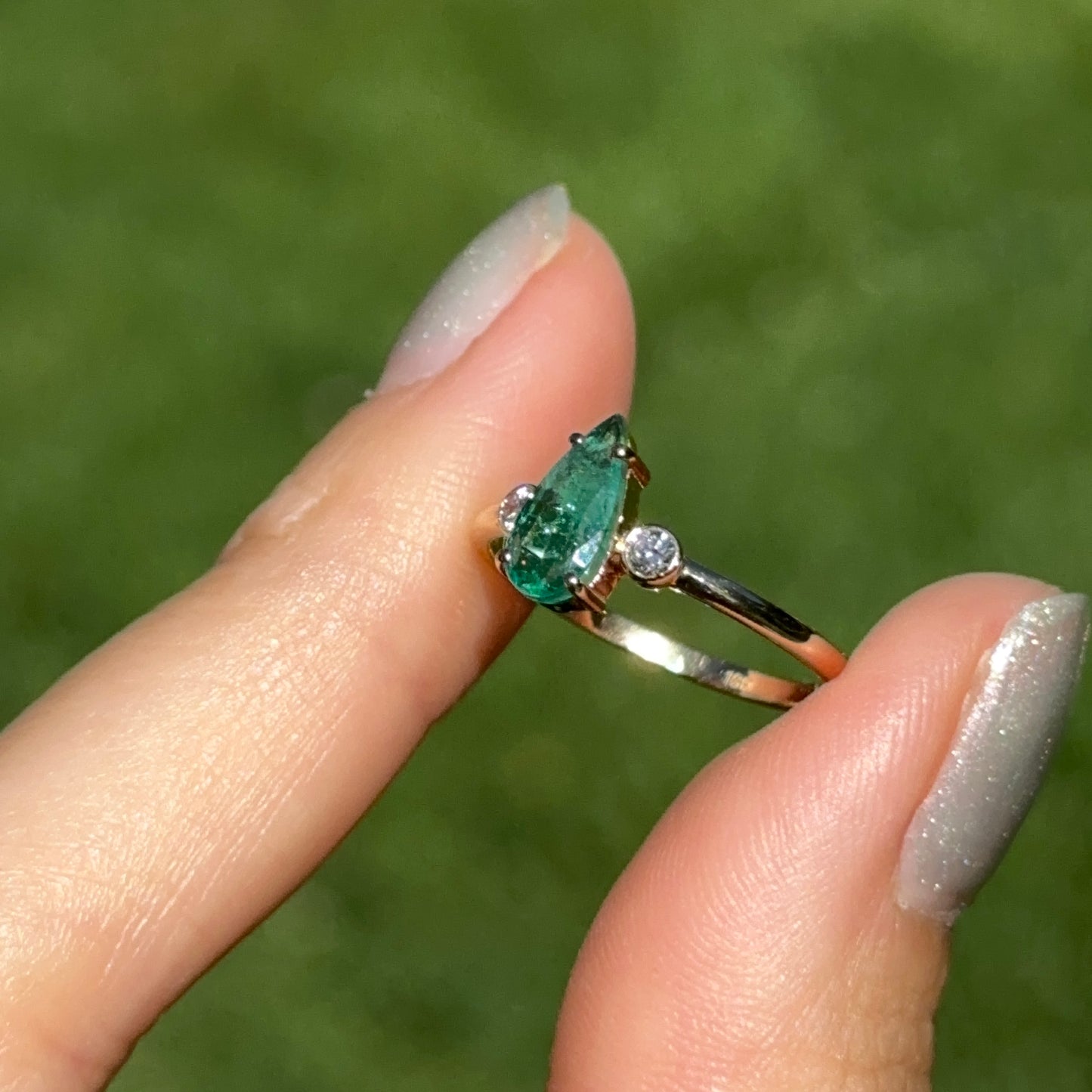 Estate 18KT Yellow Gold Elongated Pear Emerald + Diamond Ring
