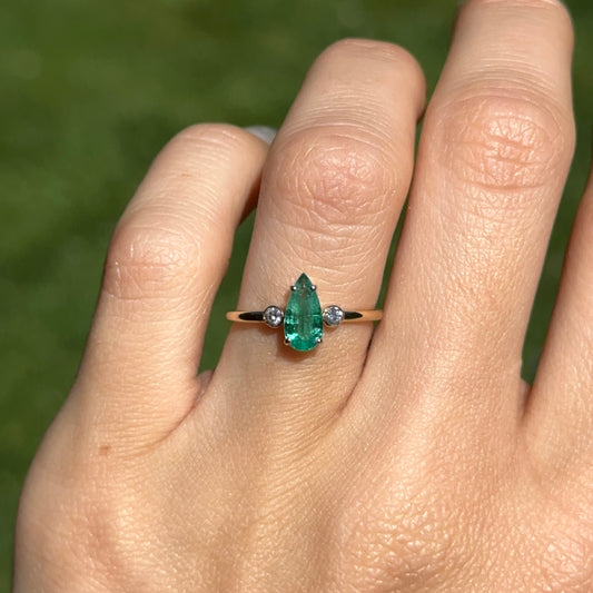 Estate 18KT Yellow Gold Elongated Pear Emerald + Diamond Ring