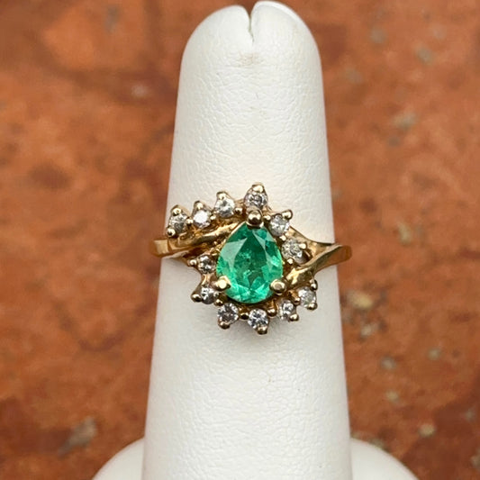 Estate 14KT Yellow Gold Teardrop Colombian Emerald + Diamond Halo Bypass Ring