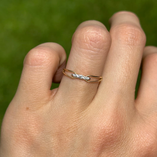 14KT Yellow + White Gold Round Diamond Textured Ring