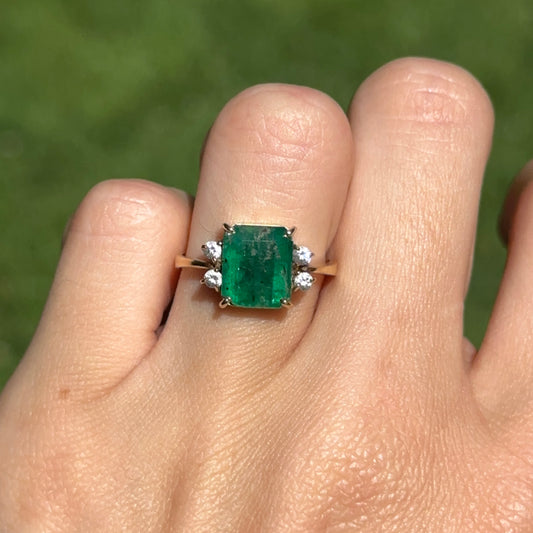 Estate 18KT Yellow Gold Emerald-Cut 3.00 CT Emerald + Diamond Ring