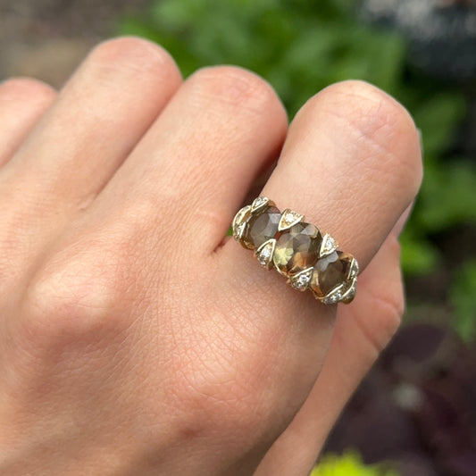 Estate 14KT Yellow Gold Oval Gemstones + Diamond Band Ring