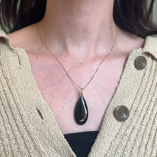 14KT Yellow Gold Genuine Teardrop Black Onyx Slide Pendant