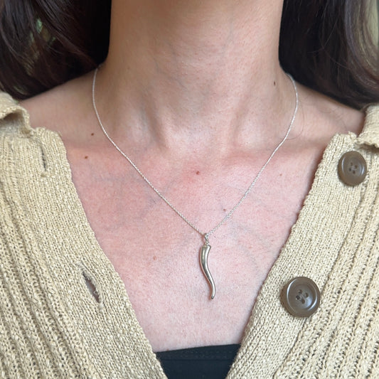 Sterling Silver Solid Italian Horn Necklace 36mm