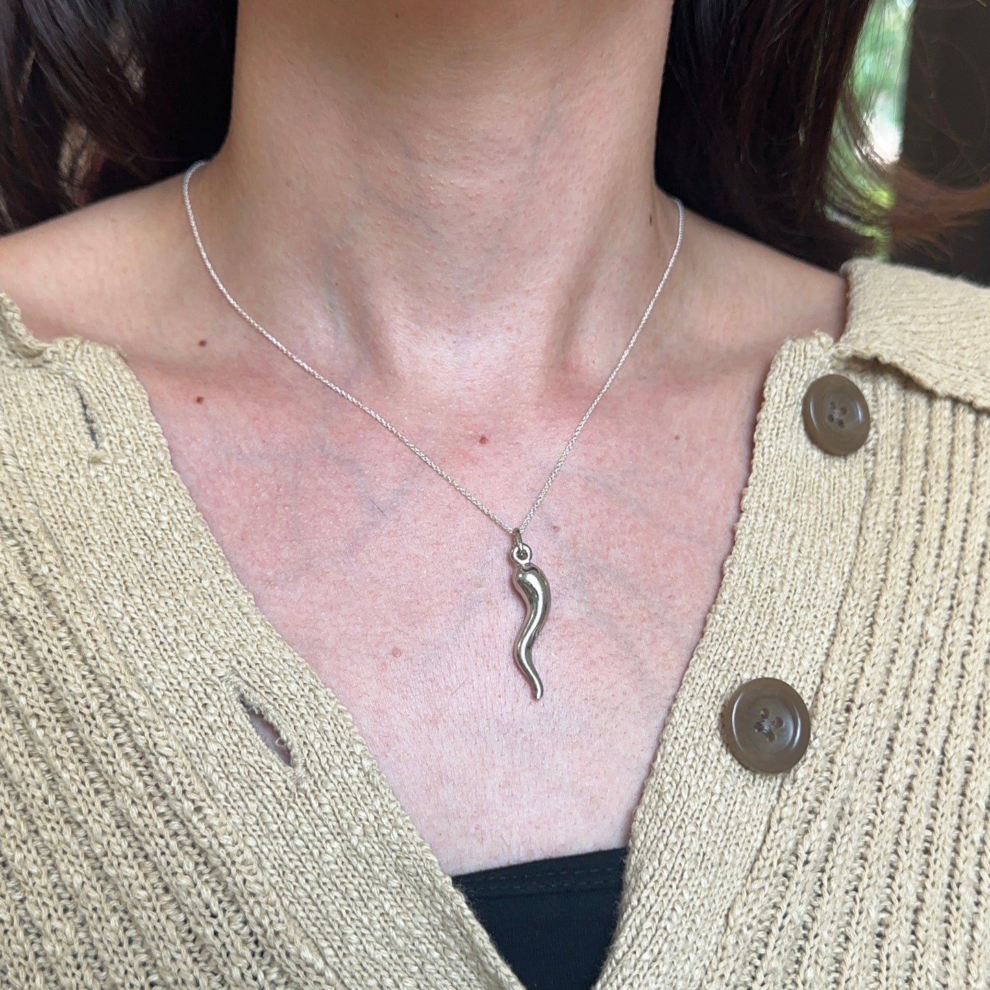 Sterling Silver Italian Horn Pendant Charm 30mm