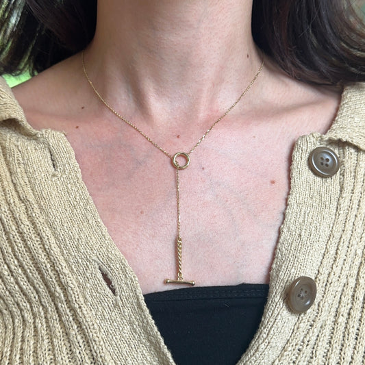 14KT Yellow Gold Ring Chain Drop Toggle Necklace Lariat