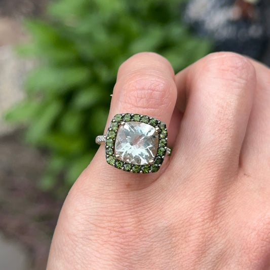 Estate 10KT Yellow Gold Prasiolite, Amethyst Tsavorite + Diamond Ring