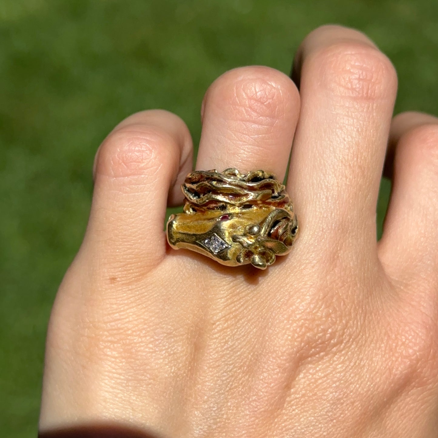 Estate 18KT Yellow Gold Diamond + Ruby Statement Horse Head Ring