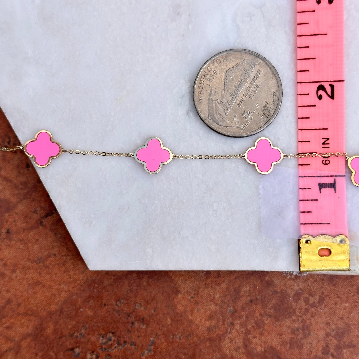 14KT Yellow Gold 10mm Pink Enamel 4 Leaf Clover Charm Chain Bracelet