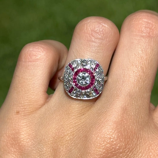 Platinum Art Deco Round Diamond + Square Ruby Ring