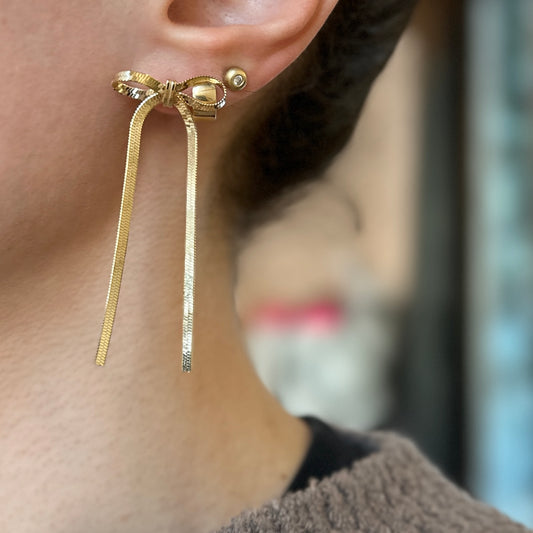 Gold Plated Sterling Silver Snake Chain Bow Long Dangle Earrings