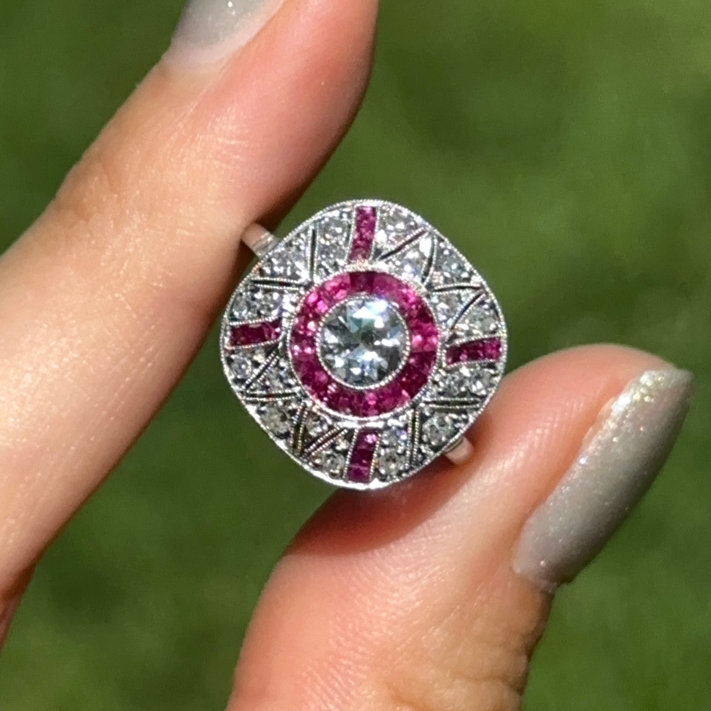 Platinum Art Deco Round Diamond + Square Ruby Ring - LSJ