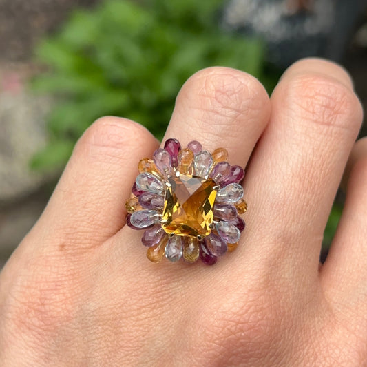Estate 14KT Yellow Gold Emerald-Cut Citrine + Briolette Amethyst Topaz Citrine Statement Ring