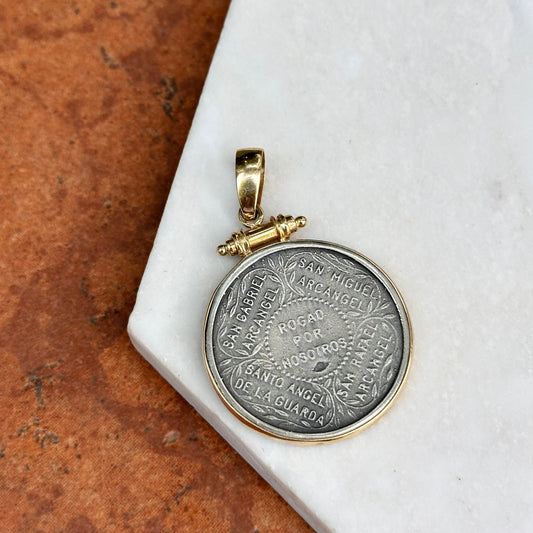 14KT Yellow Gold and Sterling Silver 4 Archangels Coin Bezel Pendant