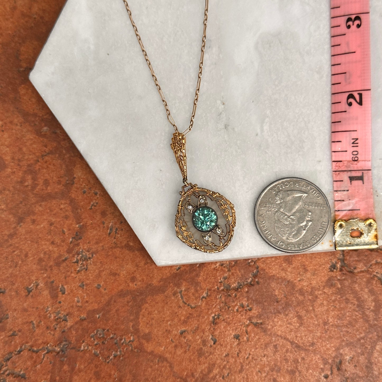 Estate Yellow Gold Round Blue Zircon + Single Cut Diamond Filigree Chain Link Necklace