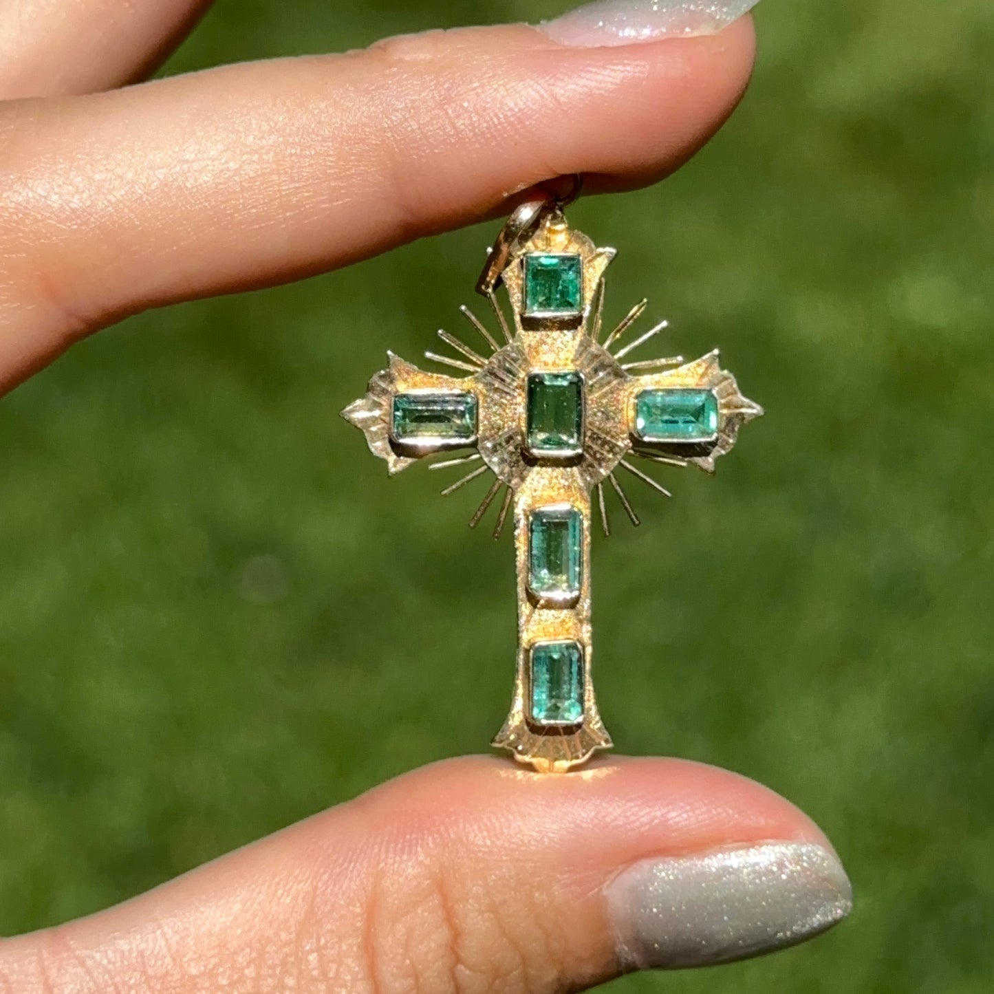Estate 18KT Yellow Gold Emerald Ornate Cross Pendant 45mm