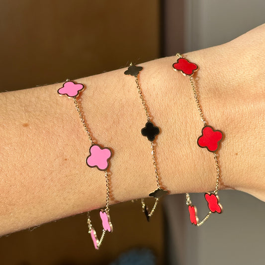 14KT Yellow Gold Red Enamel 10mm 4 Leaf Clover Charm Chain Bracelet