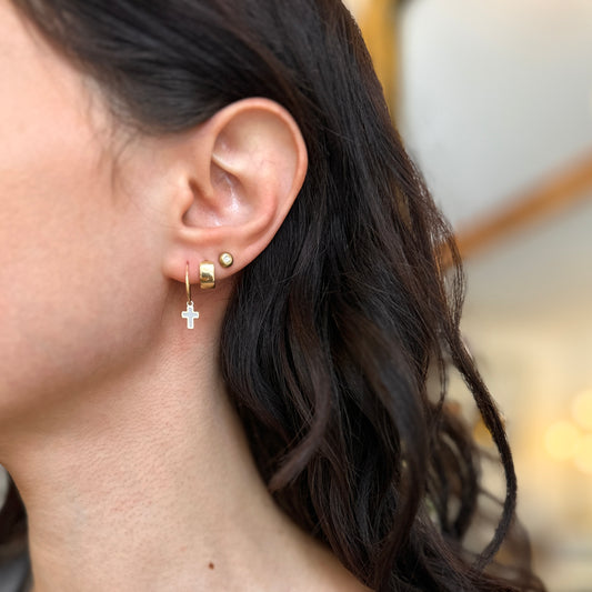 14KT Yellow Gold Small Endless Hoop + Mother of Pearl Cross Charms Earrings