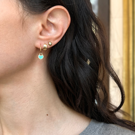 14KT Yellow Gold Shiny Endless Hoop + Turquoise Heart Charm Earrings