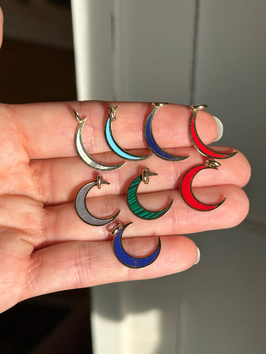 14KT Yellow Gold Skinny Red Enamel Crescent Moon Pendant Charm