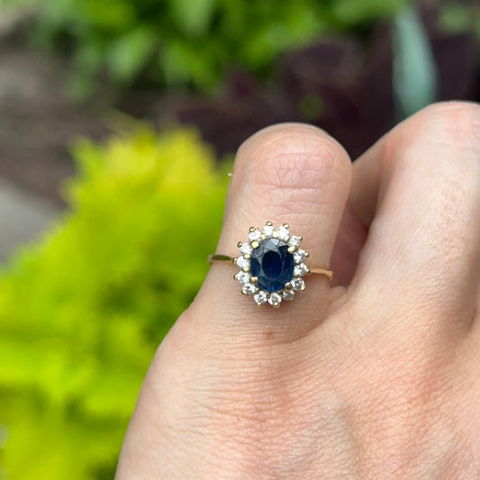 Estate 18KT Yellow Gold Oval Blue Sapphire + Round Diamond Halo Accent Ring