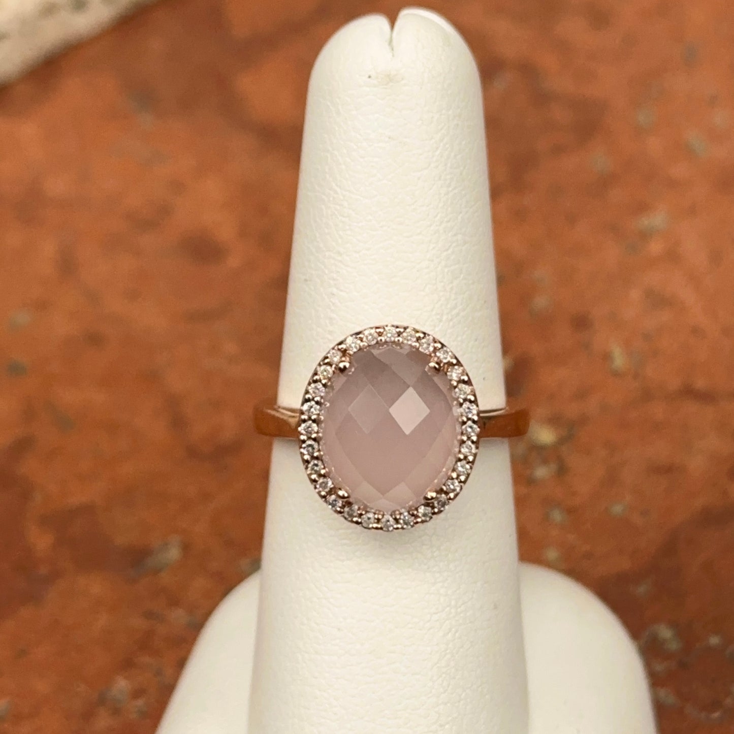 14KT Rose Gold Cabochon Rose Quartz + Diamonds Halo Band Ring