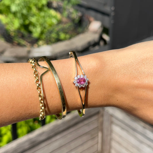 Estate AJ 14KT Yellow Gold Pink Tourmaline + Halo Diamond Bangle Bracelet