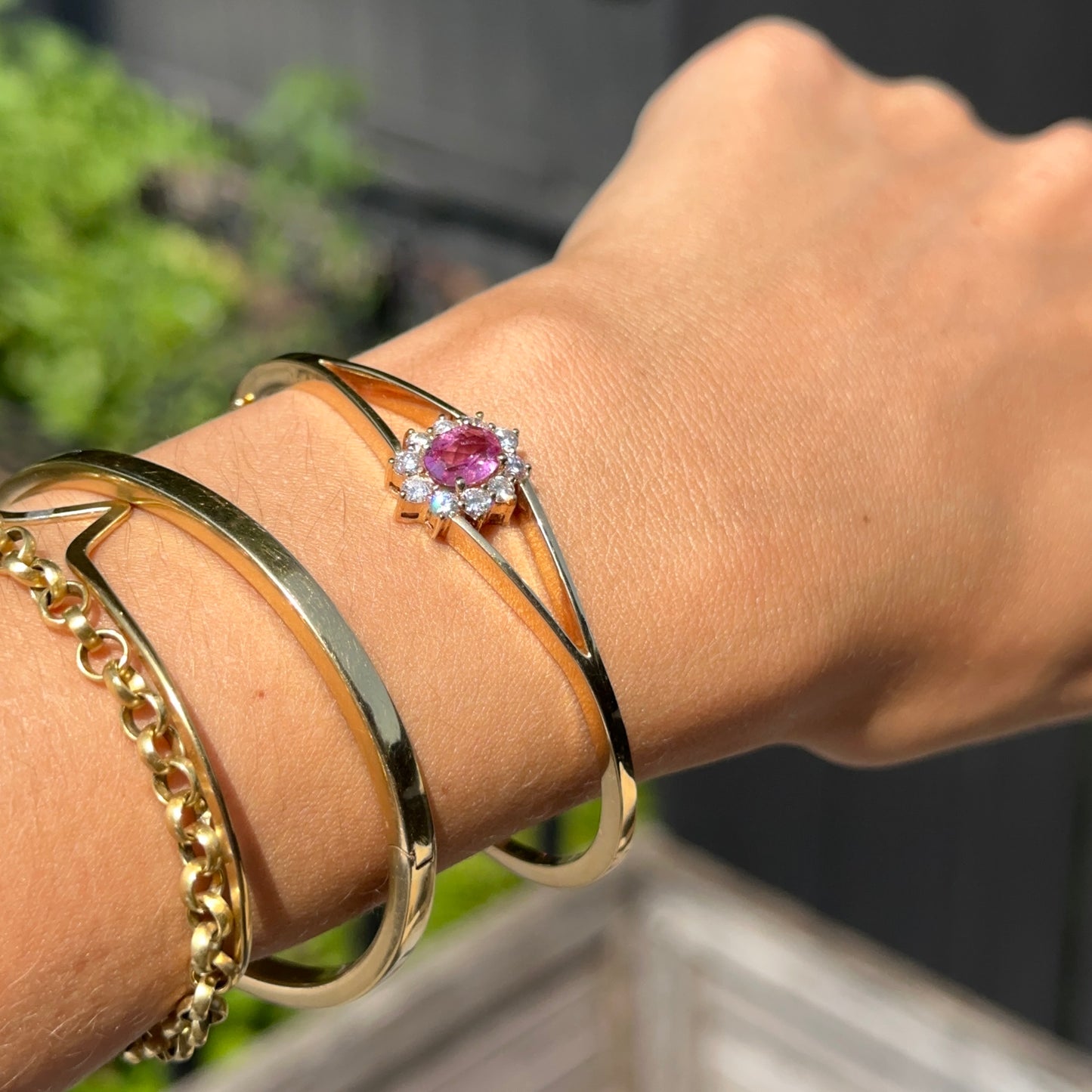 Estate AJ 14KT Yellow Gold Pink Tourmaline + Halo Diamond Bangle Bracelet