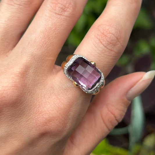 Estate 18KT Yellow Gold Bezel Amethyst + Diamond Etruscan Ring