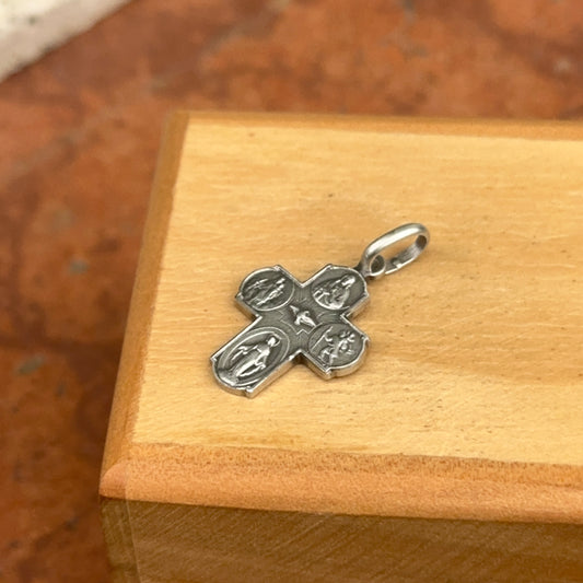 Sterling Silver Four Way Catholic Cross Medal Engraved Pendant Charm Small
