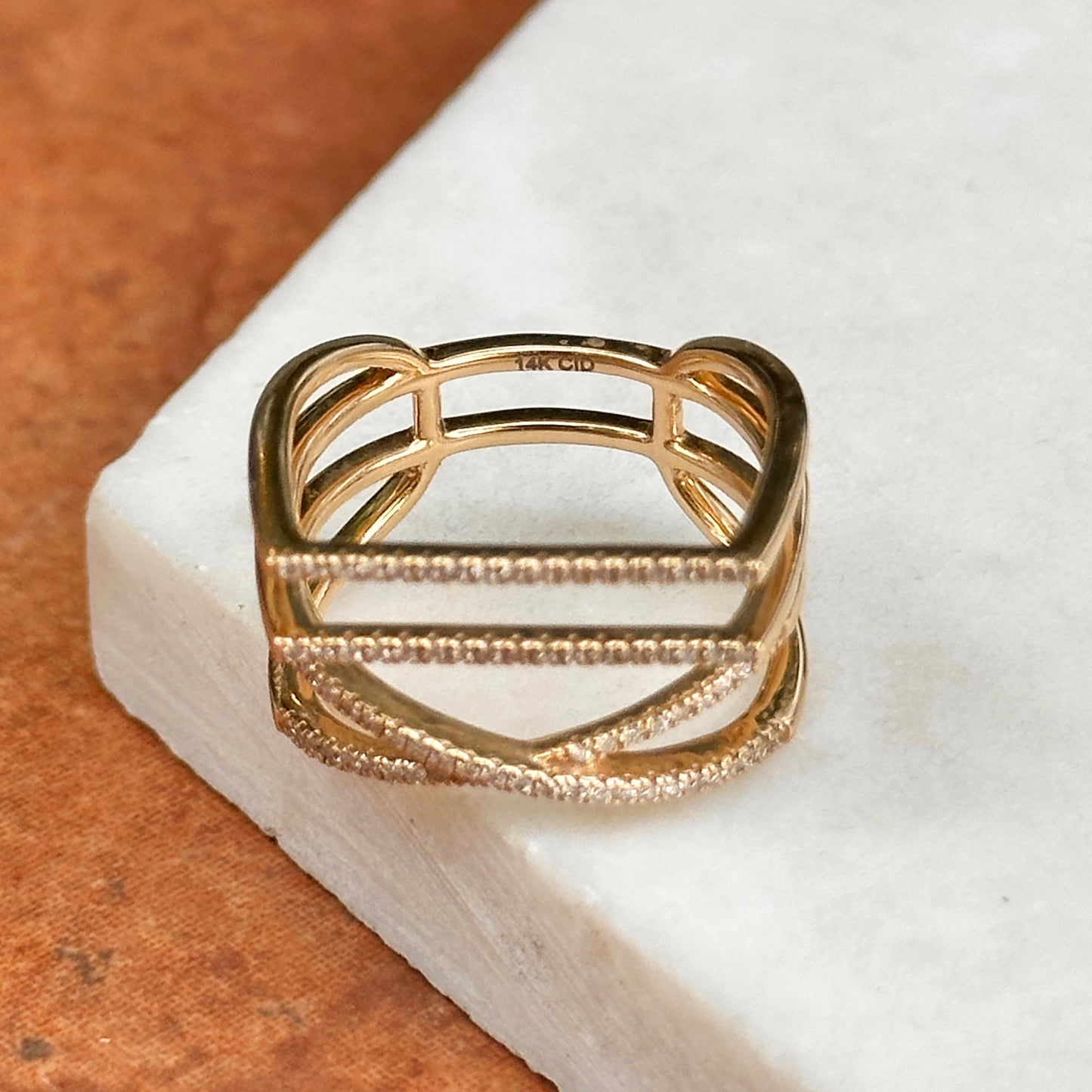 14KT Yellow Gold Round Diamond Geometric Style 4 Row Ring