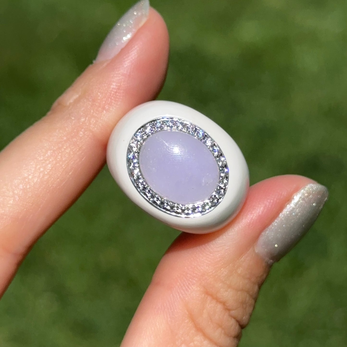 Estate 14KT White Gold Lavender Jade + Diamond Halo Ring