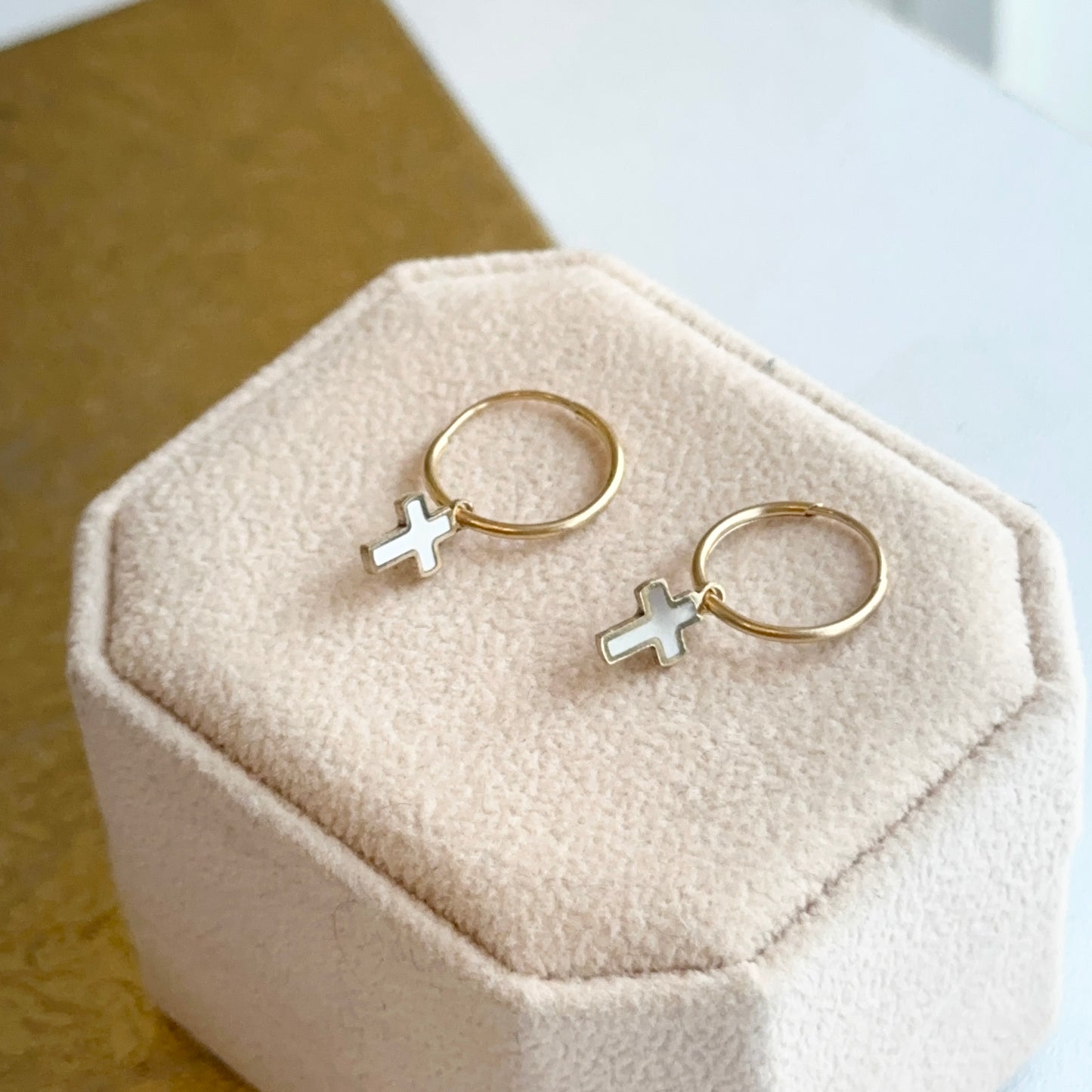 14KT Yellow Gold Small Endless Hoop + Mother of Pearl Cross Charms Earrings