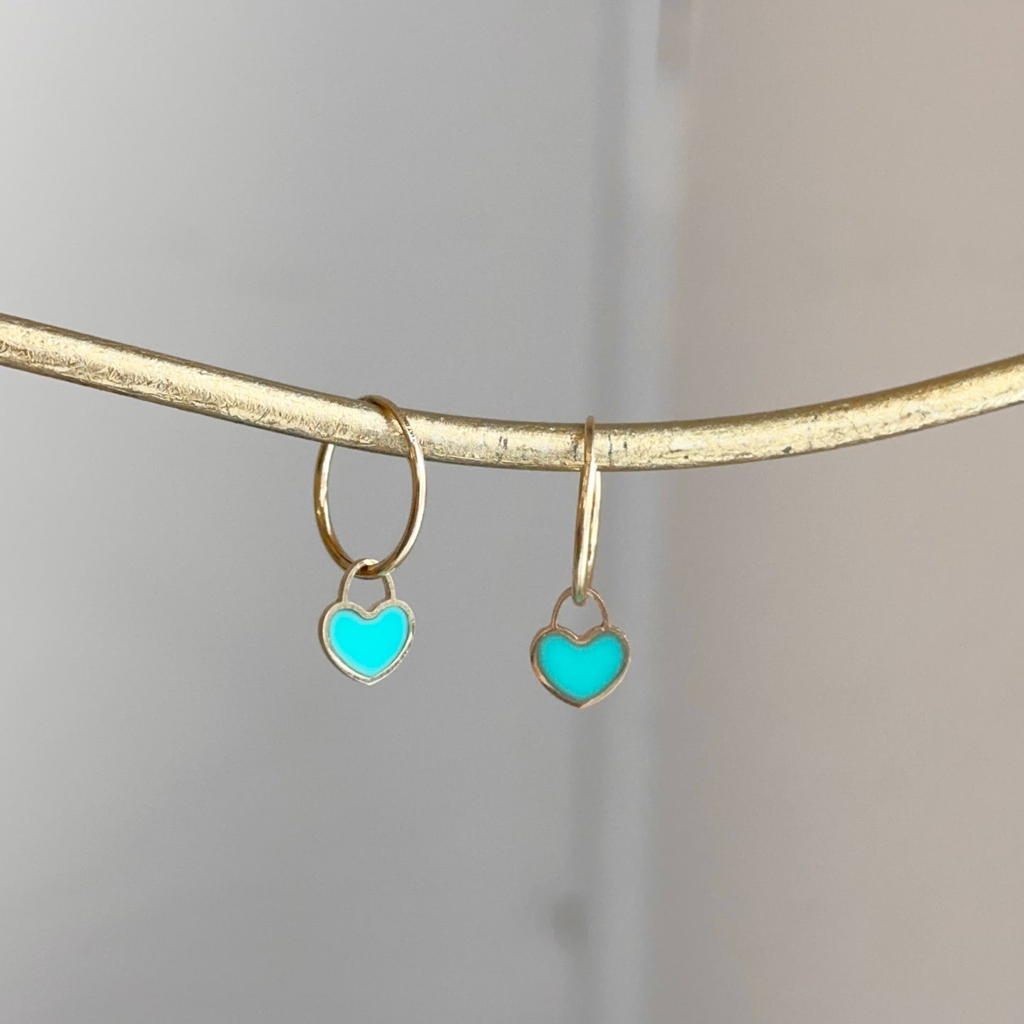 14KT Yellow Gold Shiny Endless Hoop + Turquoise Heart Charm Earrings