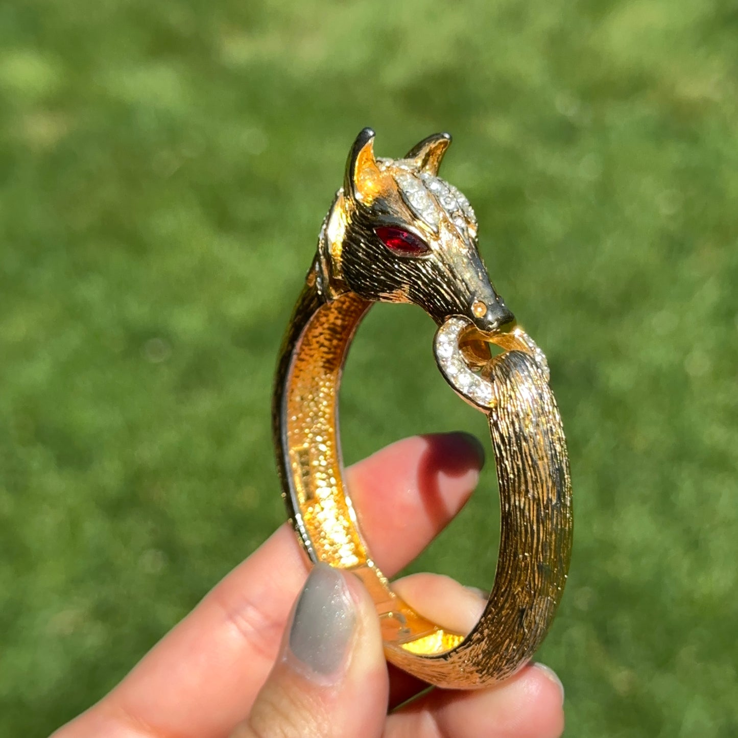 Estate Gold-Tone 3D Horse Bangle Bracelet with Clear White and Red Stones
