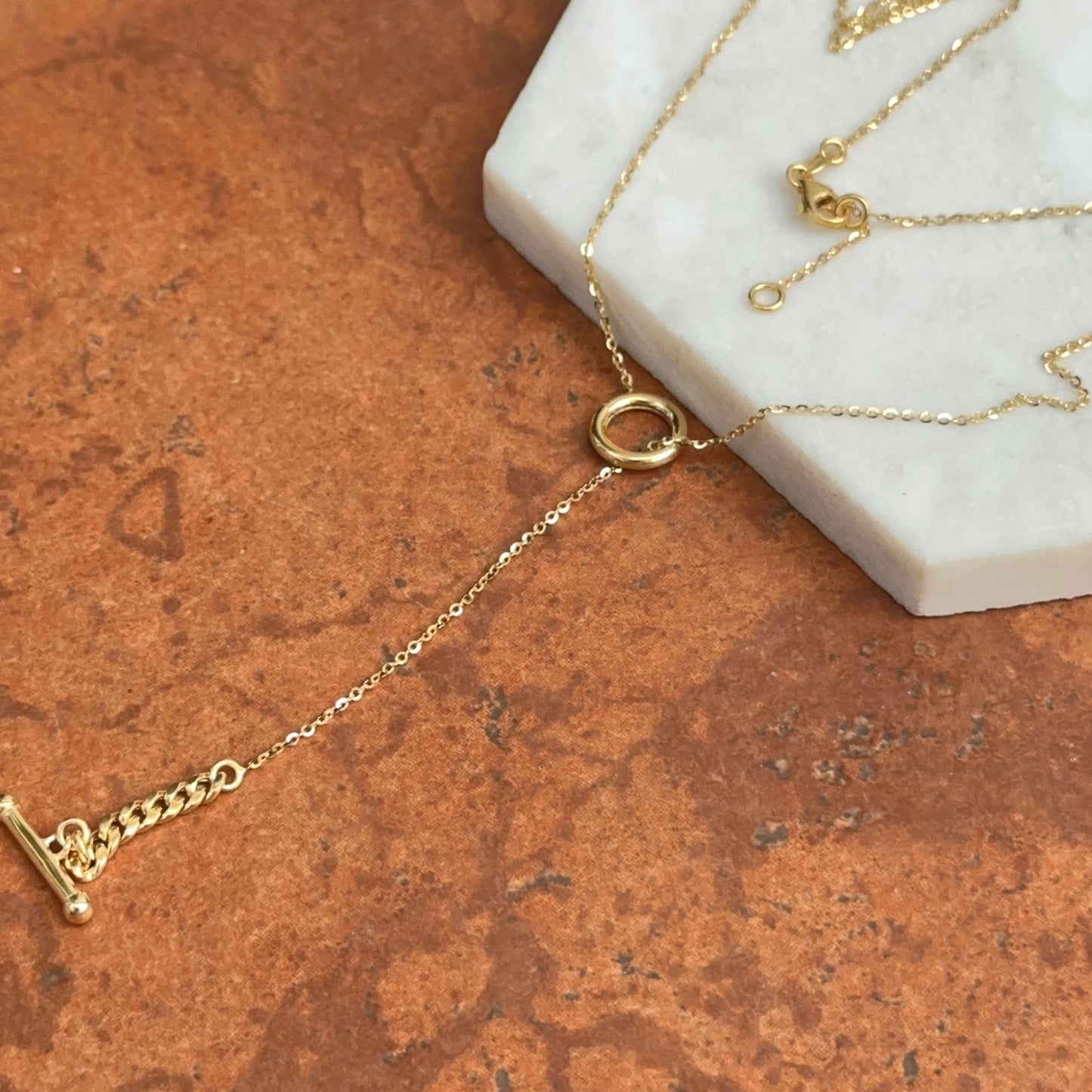 14KT Yellow Gold Ring Chain Drop Toggle Necklace Lariat