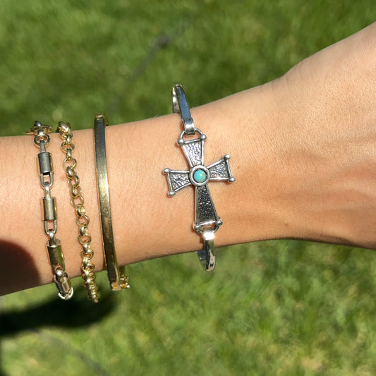 Sterling Silver Antiqued Cross Imitation Turquoise Bangle Bracelet