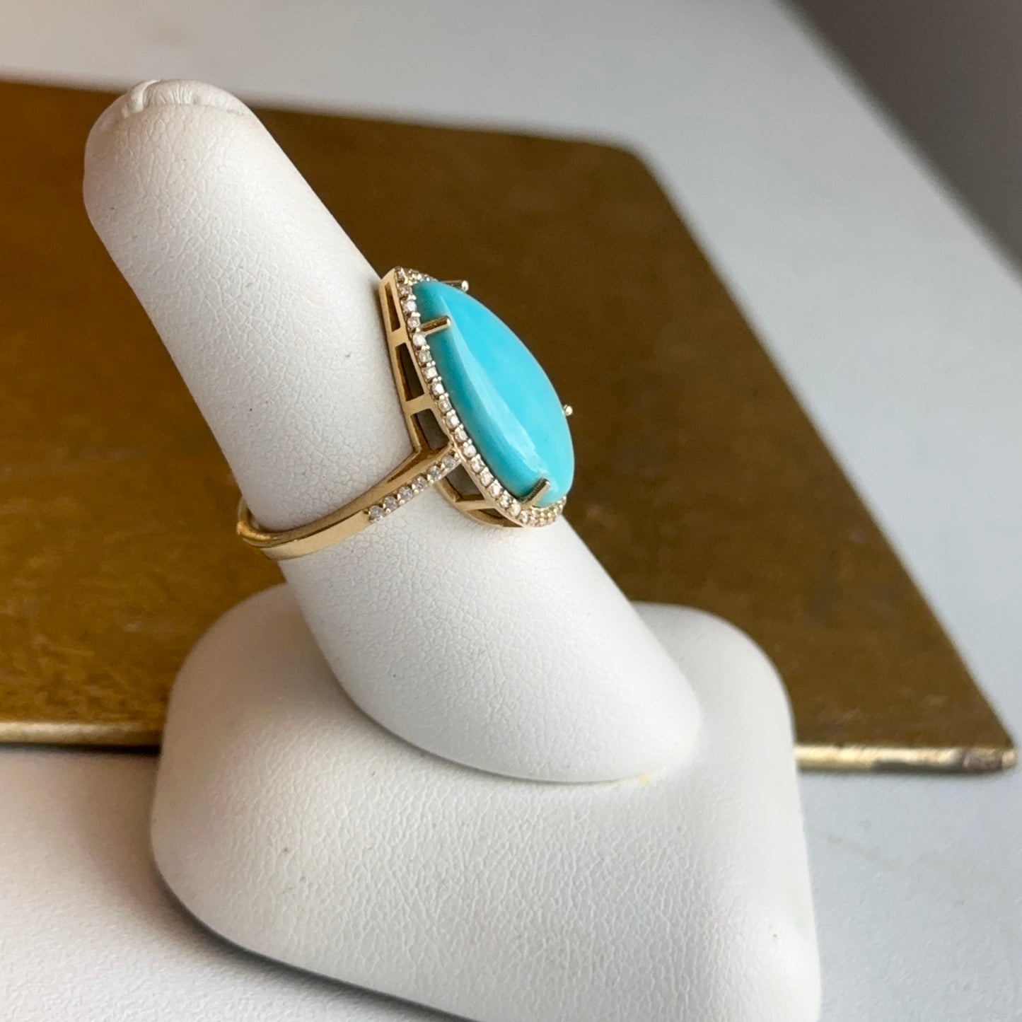 14KT Yellow Gold Pear Turquoise + Pave Diamond Halo Ring