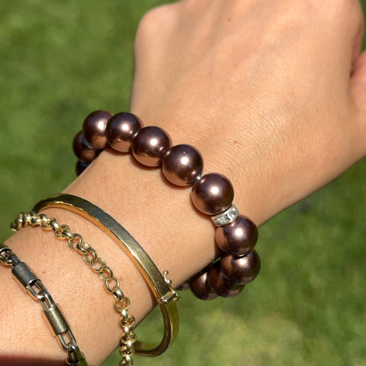 Round Chocolate Pearl Bead Round White Stone Rondel Spacer Stretch Bracelet