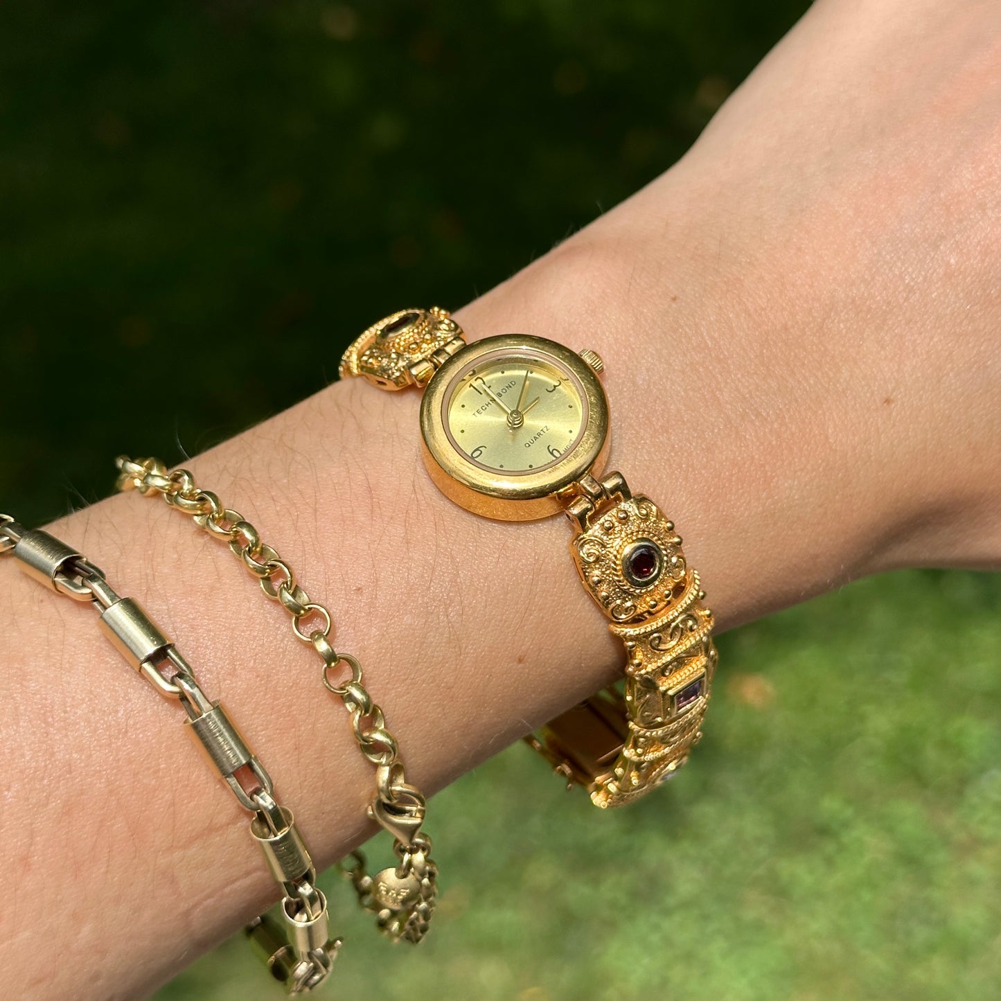 Estate 14KT Yellow Gold Sterling Silver Byzantine Link Garnet, Amethyst, Peridot, Topaz, Citrine Bracelet Watch