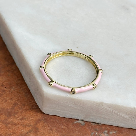 Sterling Silver Yellow Gold Plated White Sapphire + Baby Pink Enamel Band RIng