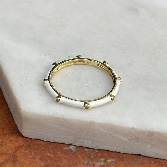 Sterling Silver Yellow Gold Plated White Sapphire + White Enamel Stackable Ring