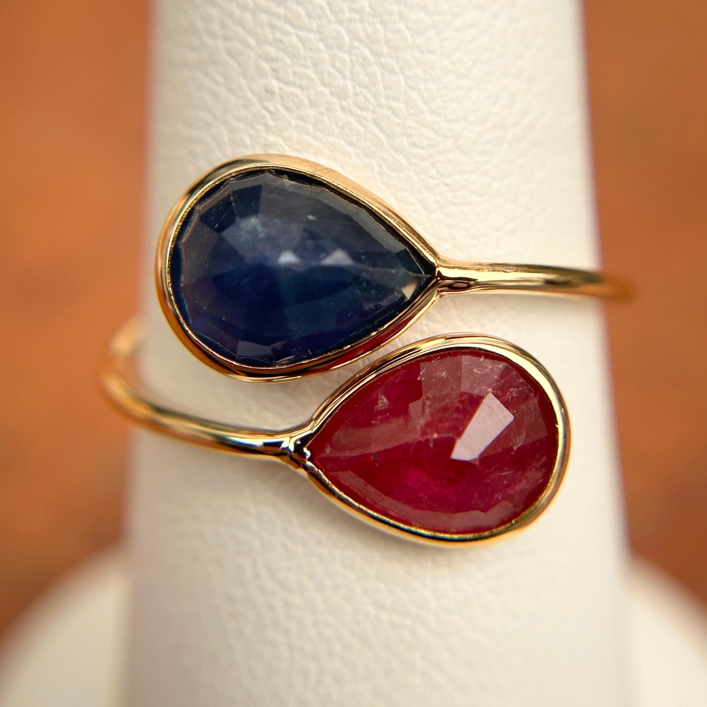 18KT Yellow Gold Pear Sapphire + Ruby Bypass Ring