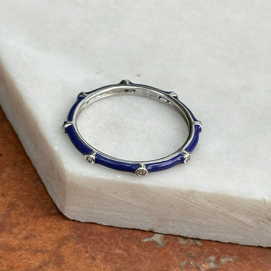 Sterling Silver White Sapphire and Dark Blue Enamel Ring