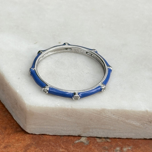 Sterling Silver White Sapphire + Light Blue Enamel Ring