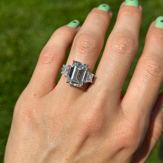 14KT White Gold Lab 7.28 Emerald-Cut + Trapezoid 3-Stone Diamond Engagement Ring