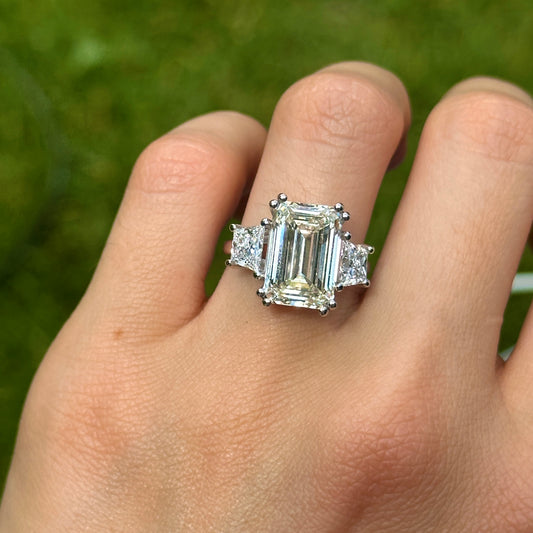 14KT White Gold 7.39 CT Emerald-Cut + Trapezoid 3-Stone Diamond Engagement Ring