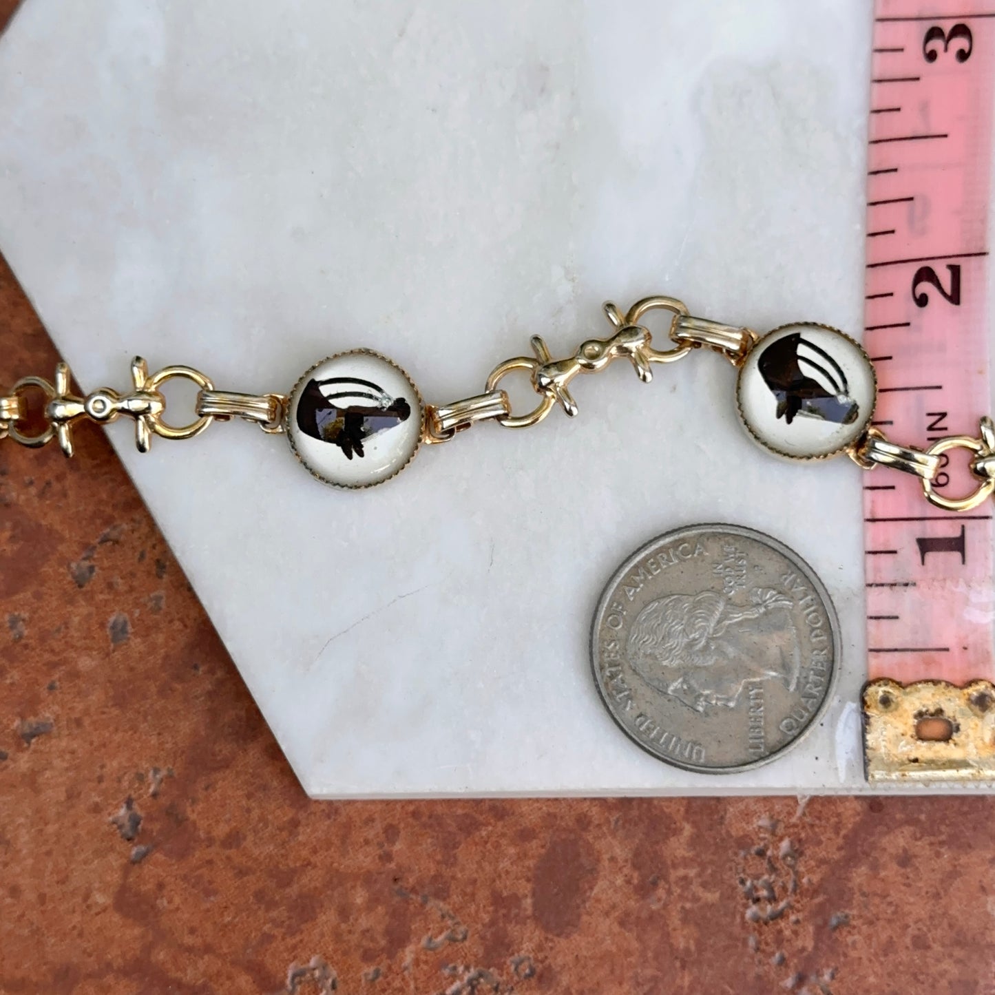 Estate Gold-Tone Round Bubble Glass Hand Painted Horse + Bit Bracelet