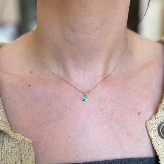 14KT Yellow Gold Blue Enamel CZ Evil Eye Pendant Charm